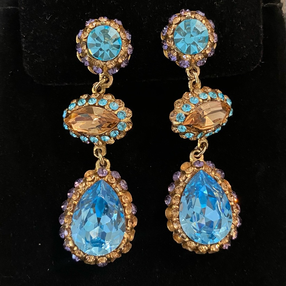 Blue and Gold Three-Tiered Drop Earrings